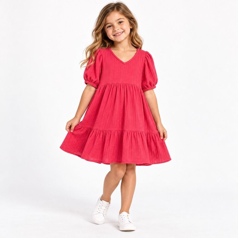 Cat & Jack Girls Pink Cotton Gauze Boho Puff Sleeve Tiered Dress Size 6/7